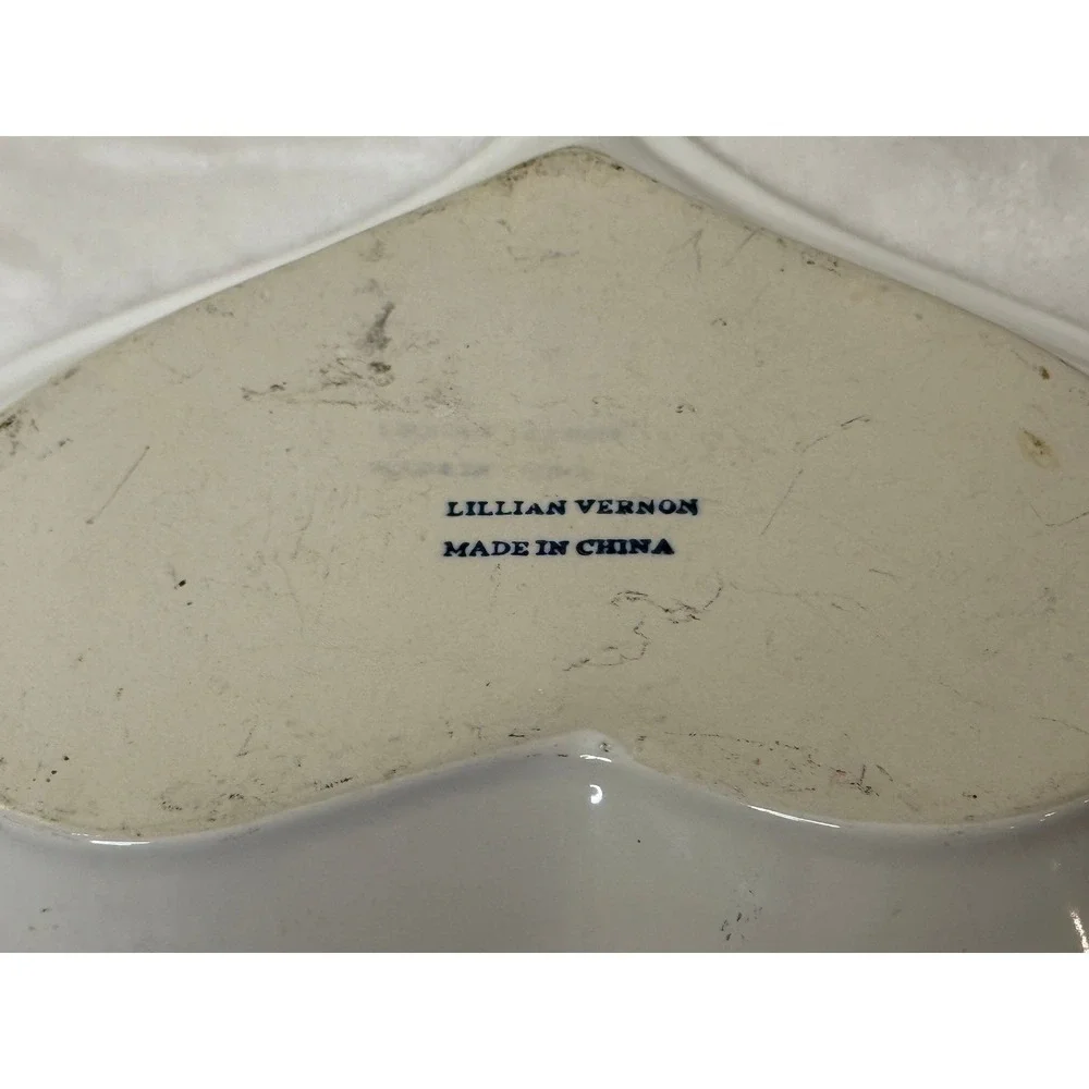 Vtg LILLIAN VERNON Stoneware Blue Spatter Sponge Heart Bowl Pie Pan Cottage Core